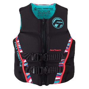 Full Throttle Women's pink and black rapid-dry flex-back life jacket with front zipper and adjustable belts for improved fit