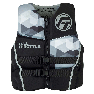 Full Throttle Men's XL Rapid-Dry Flex-Back Life Jacket in Black/Grey with front zipper and adjustable belts