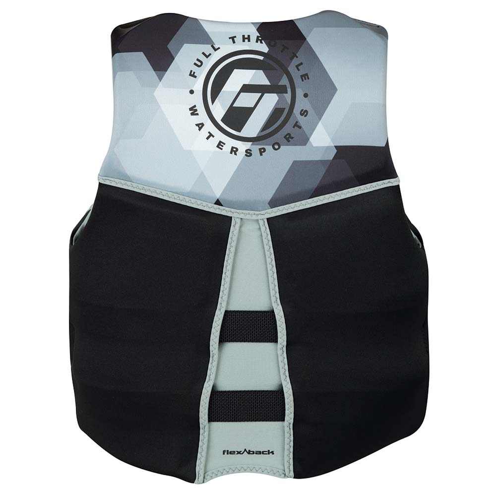 Full Throttle Men's Rapid-Dry Flex-Back black and grey life jacket XL with stretch fabric and adjustable front straps