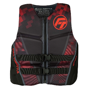 Full Throttle Men's Rapid-Dry Flex-Back life jacket in black and red with front zipper and adjustable belts for watersport safety