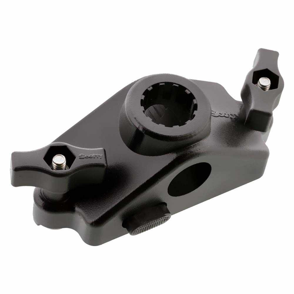 Scotty 0343 Locking Gunnel Track Mount for boats, no-drill installation, push-button release, tool-free adjustment.
