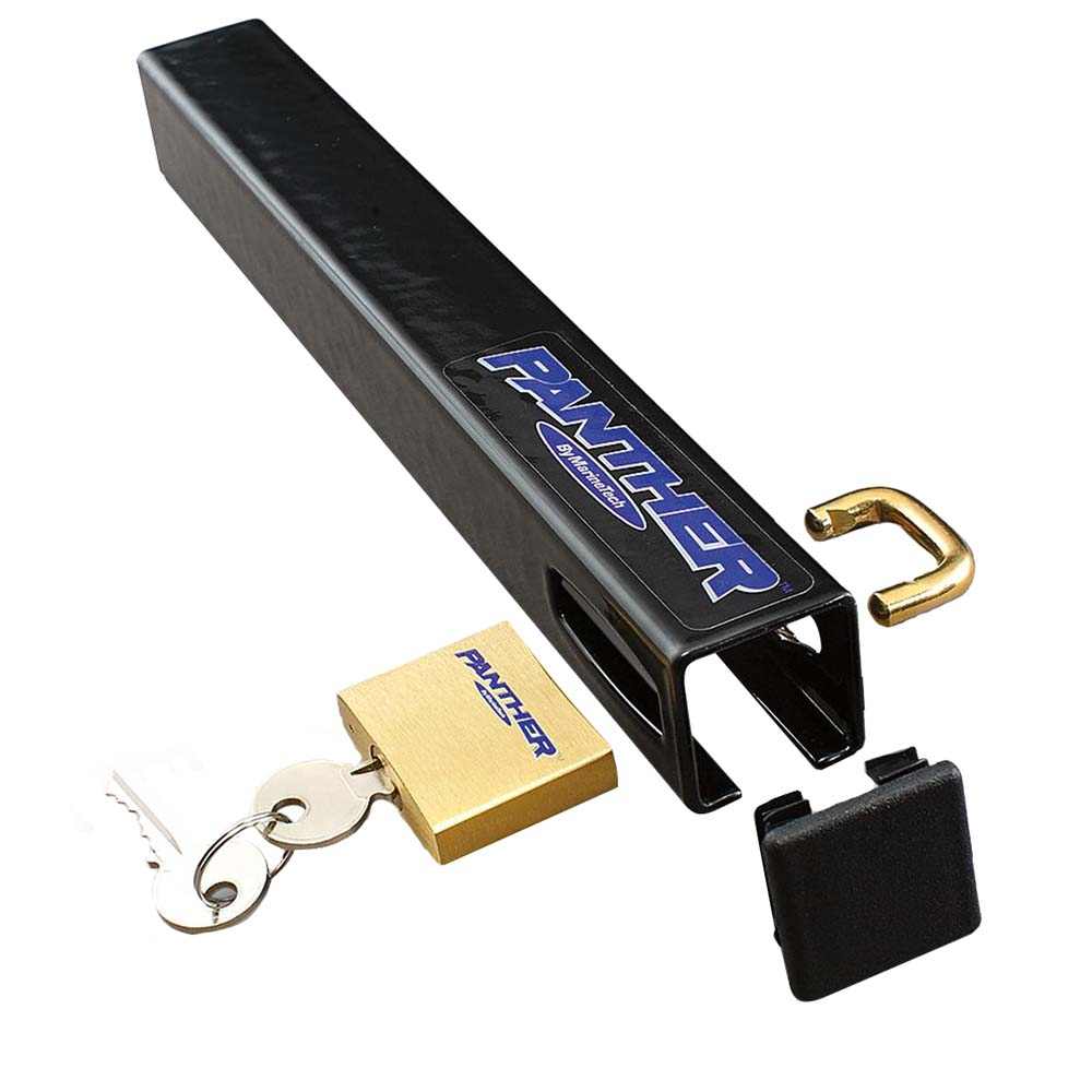 Panther Outboard Motor Lock heavy carbon steel with brass lock and noise dampeners for turnbuckle-mounted engines