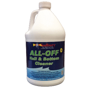 Sudbury All-Off Hull & Bottom Cleaner gallon bottle for removing waterline, algae, rust, and stains from boat hulls without scrubbing.