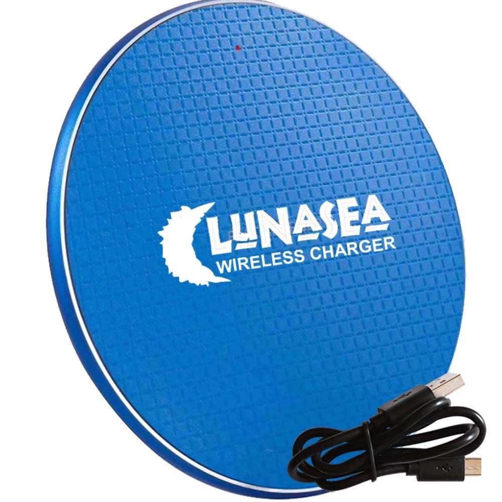 Lunasea LunaSafe 10W slim blue wireless charger pad with USB cable and LED indicator