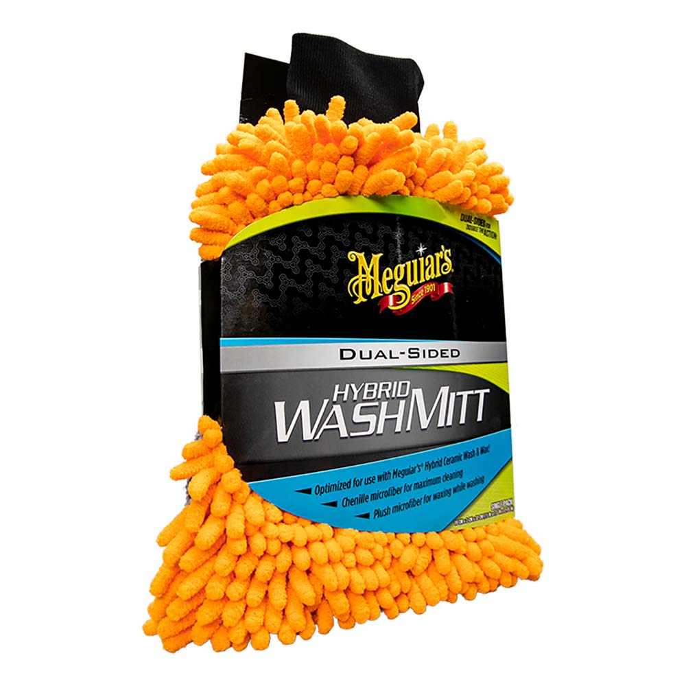 Meguiar's Hybrid Wash Mitt dual-sided plush microfiber car wash mitt with orange chenille washing side and grey waxing side