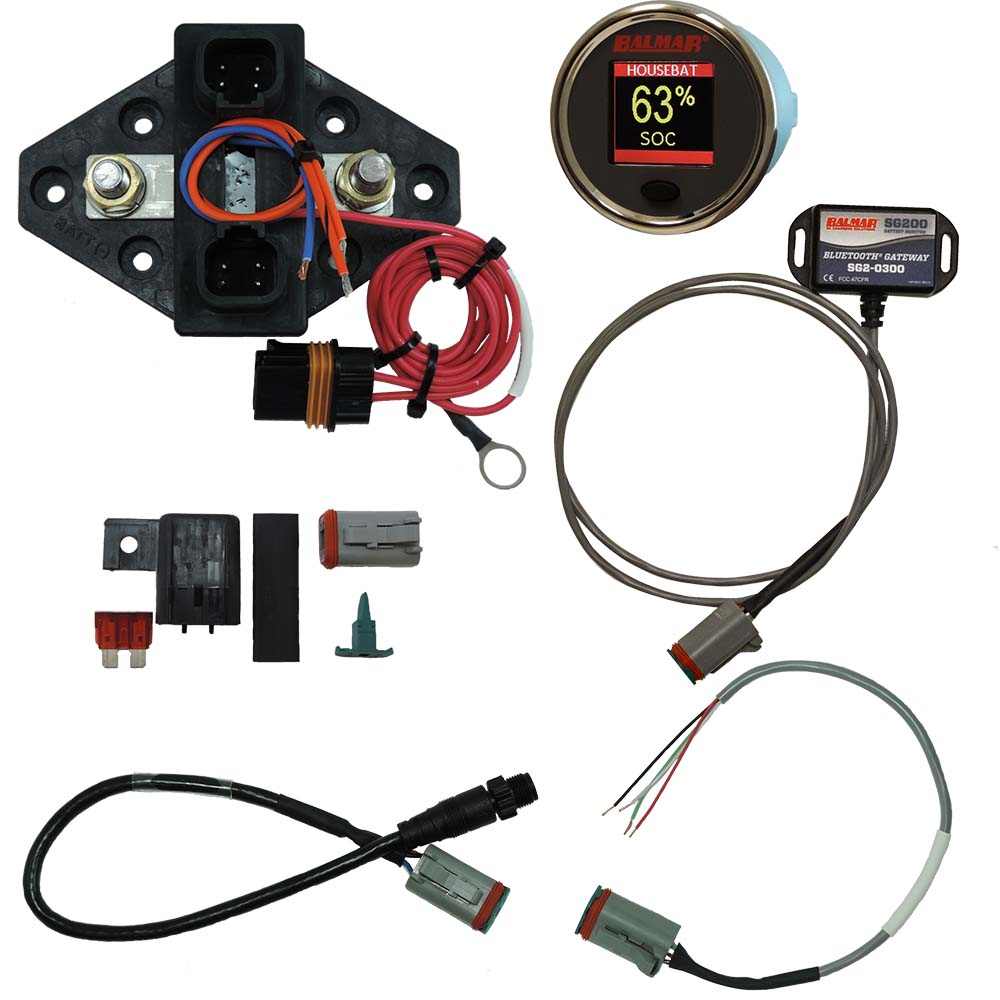 Balmar SG230 Battery Monitor Kit with color display and N2K BT Gateway showing 63% state of charge and included wiring components