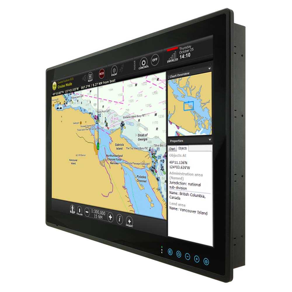 Seatronx 24" commercial touch screen display showing electronic navigation chart with capacitive touch controls and panel mount design