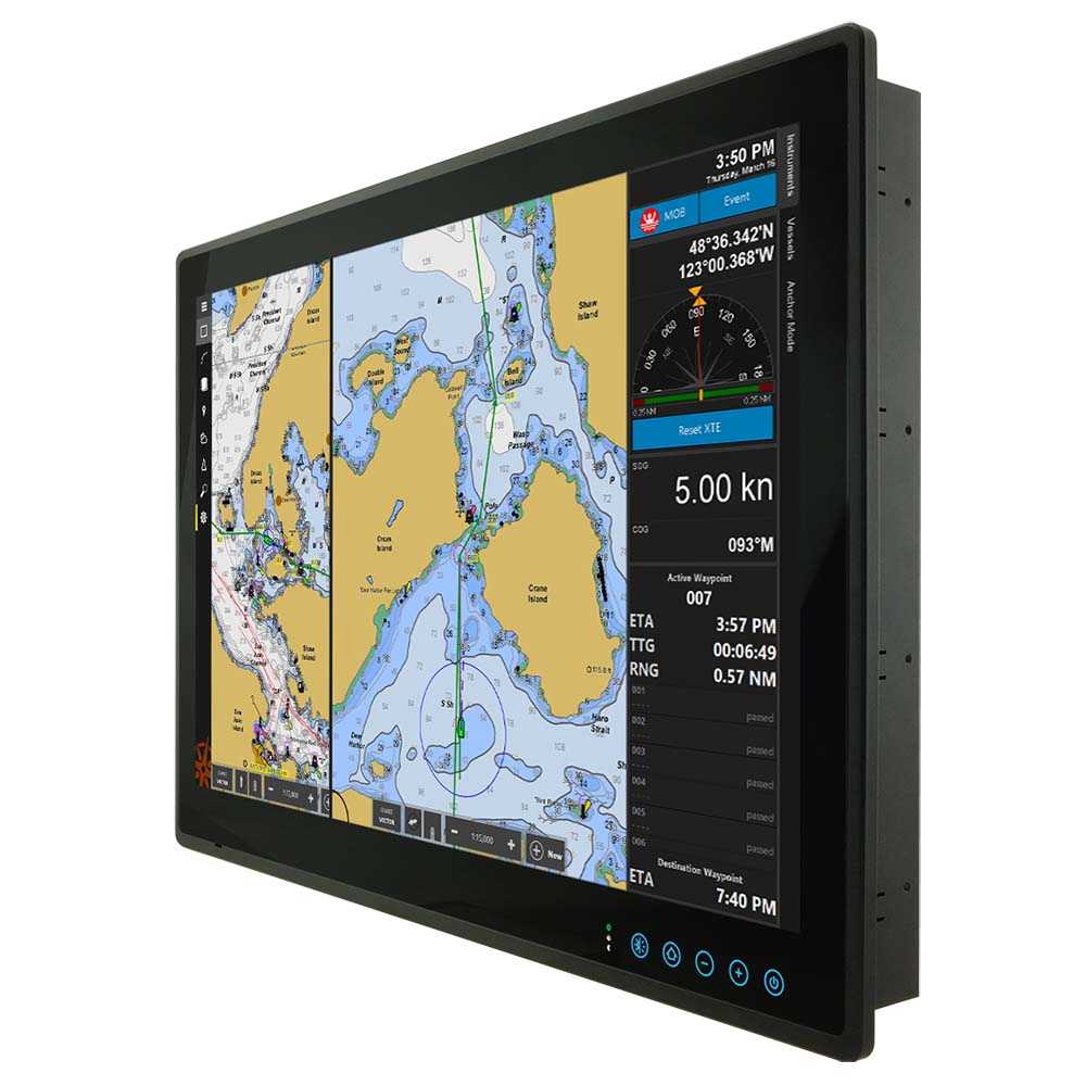 Seatronx 26" commercial touch screen display showing electronic maritime chart with capacitive touch controls and multiple input ports.