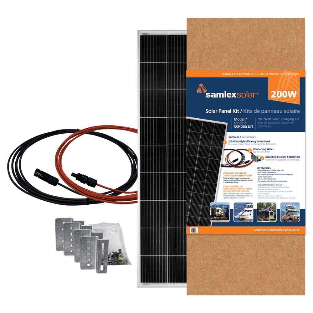 Samlex 200W Solar Panel Kit with high efficiency panel, cables, and mounting hardware for off-grid power applications