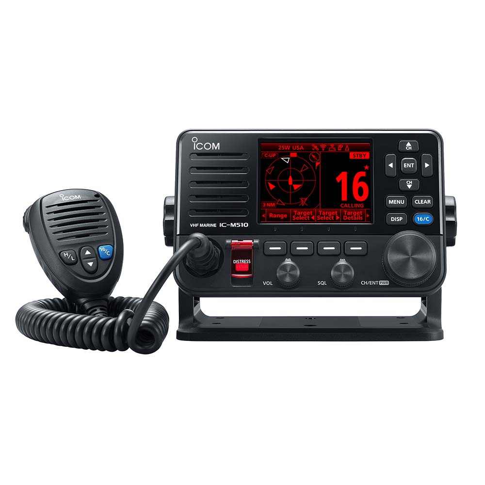 Icom M510 PLUS VHF marine radio with AIS, black, featuring color display and handheld microphone