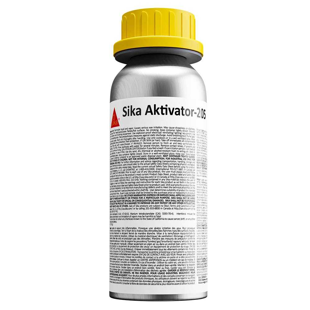 Sika Aktivator-205 clear adhesion promoter in 250ml bottle with yellow cap for improved bonding on various substrates