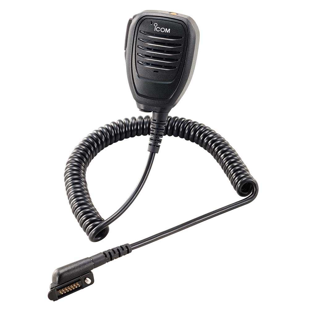 Icom HM-222H waterproof speaker mic with 3.5mm accessory jack and 14-pin connector, coiled cable, black compact design