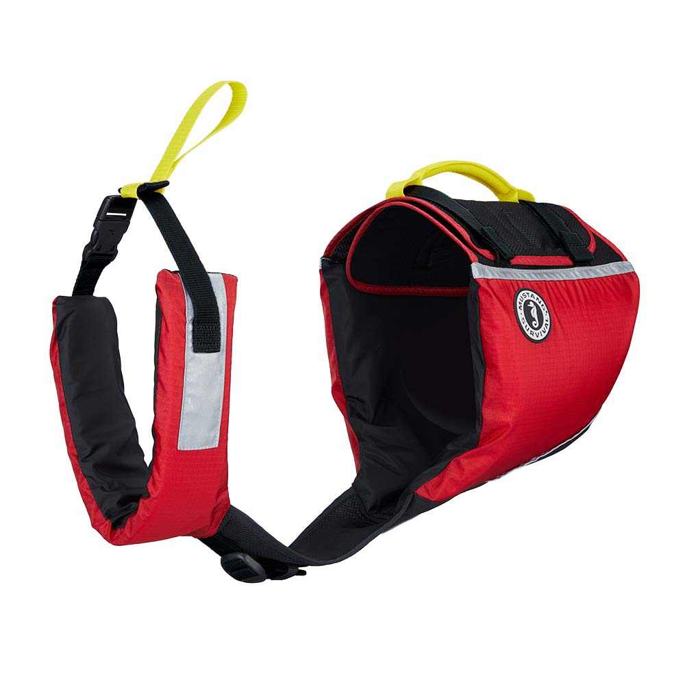 Mustang Underdog Foam Flotation dog jacket in red and black, medium size, with breathable mesh and reflective panels.