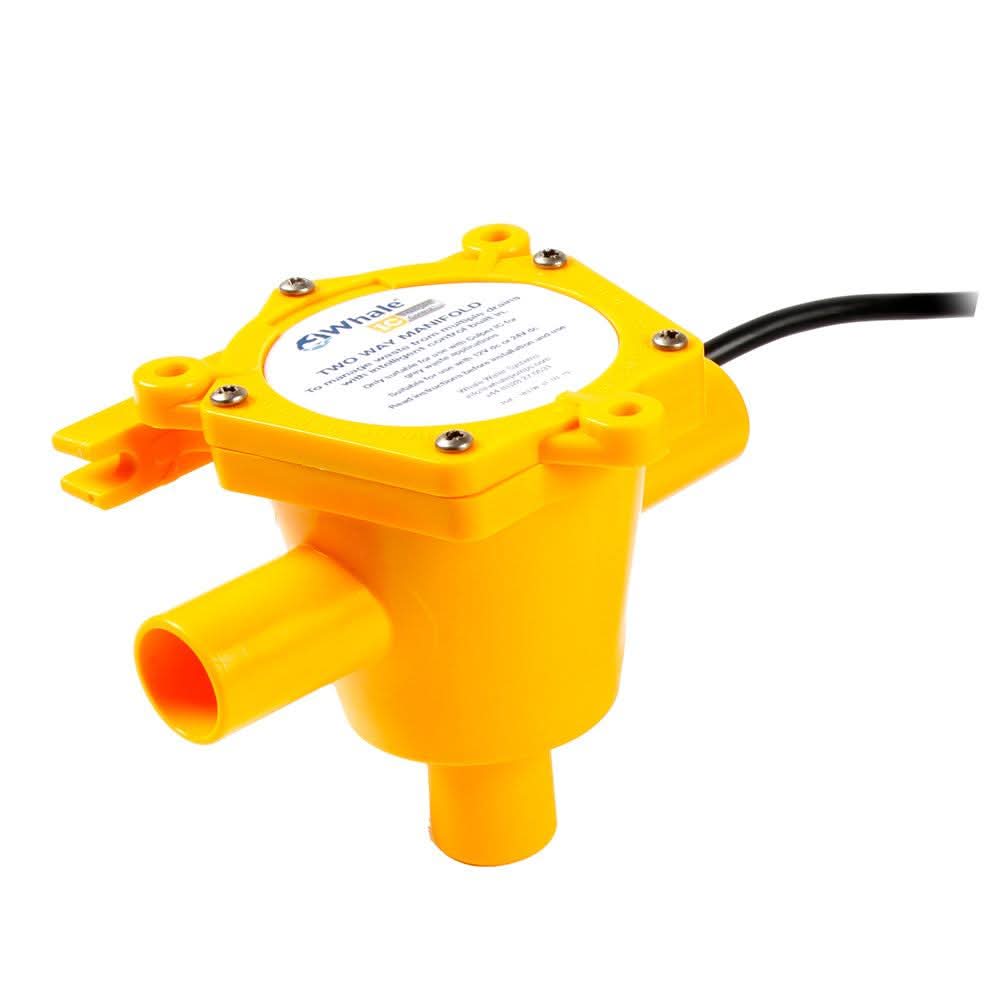 Whale 2-Way Waste Manifold with 6-foot cable and 3/4 inch ports in yellow for grey water disposal systems