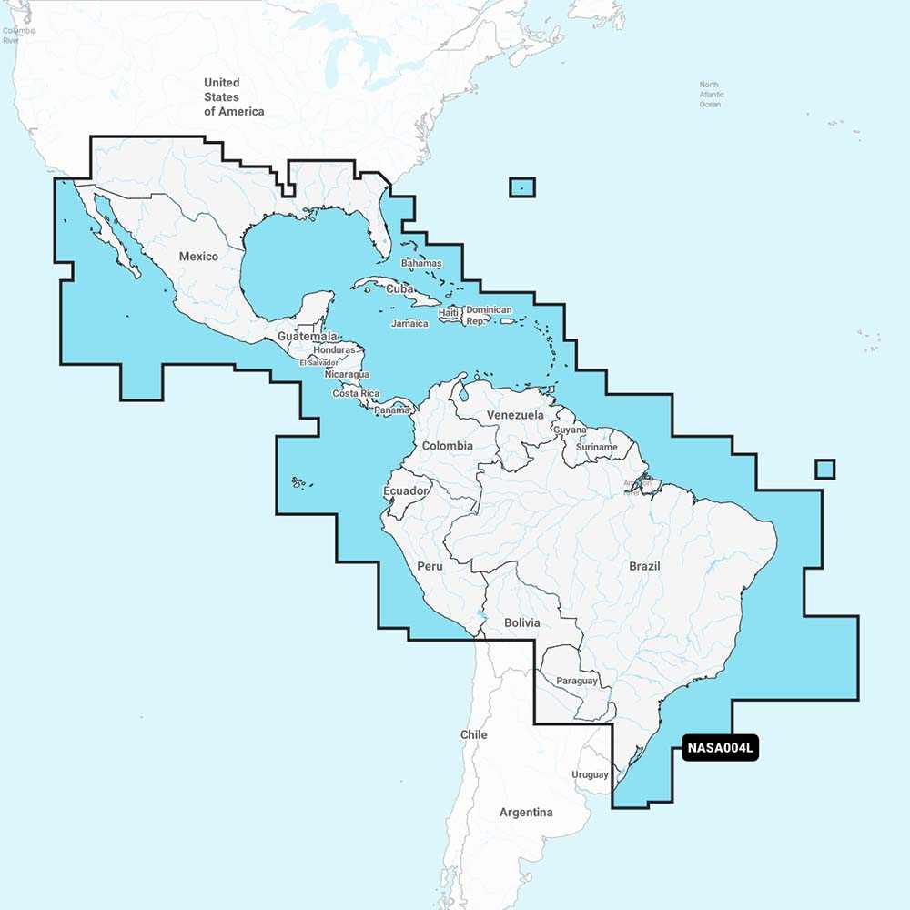 Navionics+ NASA004L marine chart coverage map from Mexico, Caribbean to Brazil on microSD card