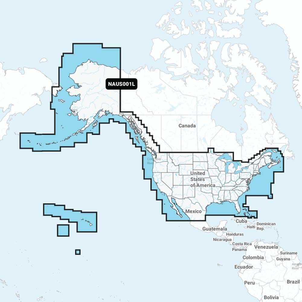 Navionics+ NAUS001L microSD card coverage map of US and coastal Canada including Alaska and Hawaii
