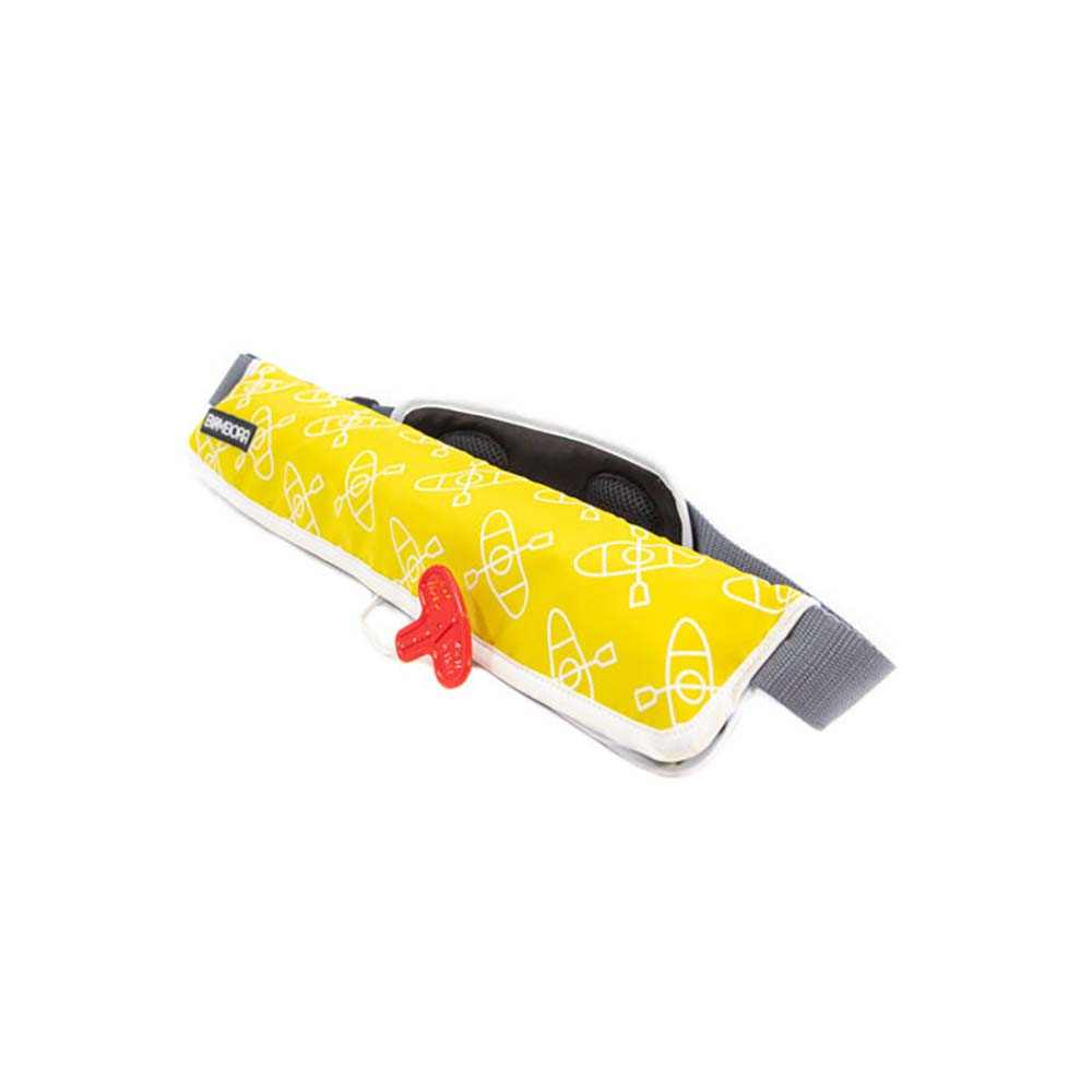Bombora Type V Inflatable Belt Pack for kayaking with yellow kayak pattern and red manual inflation handle
