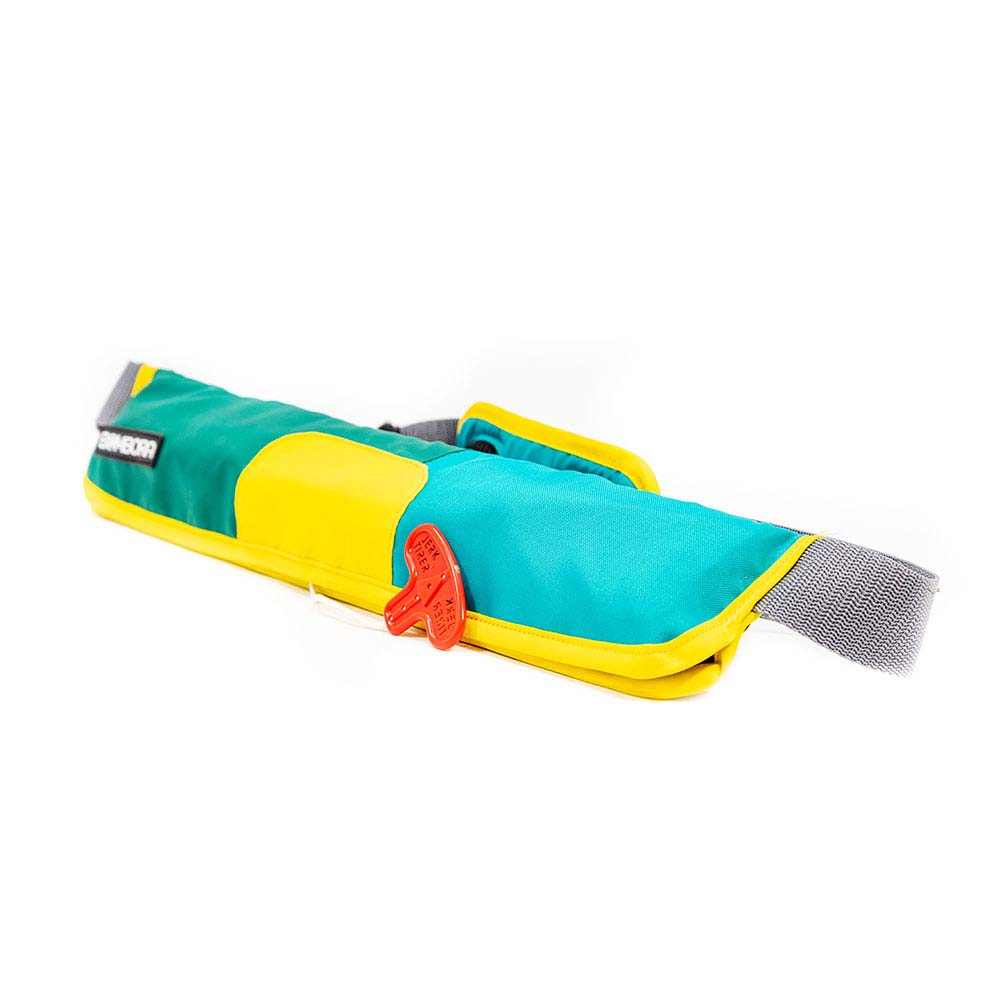 Bombora Type V Inflatable Belt Pack in teal and yellow with manual inflation pull cord for water safety