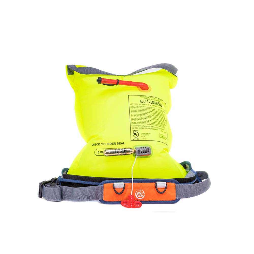 Bombora Type V Inflatable Belt Pack in bright yellow with grey straps and orange pull cord, US Coast Guard approved personal flotation device.