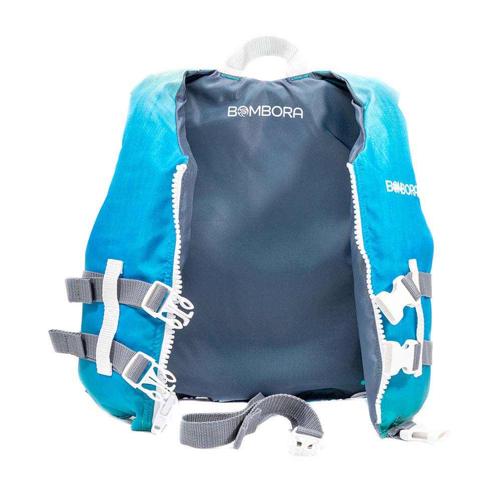 Blue Bombora child life vest for ages 30-50 lbs with adjustable belts and USCG approval