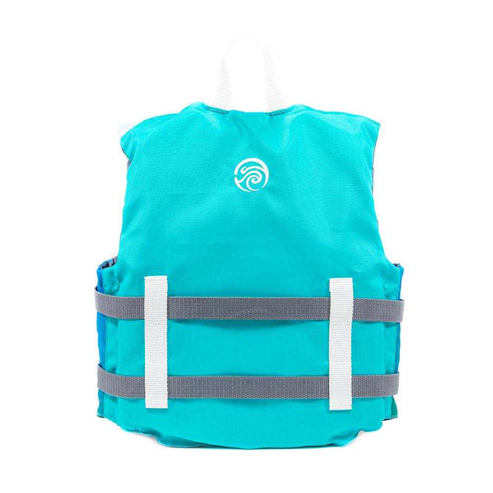 Turquoise Bombora youth life vest with adjustable straps and safety buckles for children 50-90 lbs
