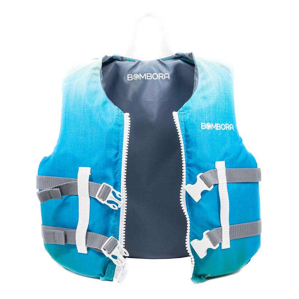 Blue and gray Bombora youth life vest with adjustable straps and zipper closure for ages 50-90 lbs