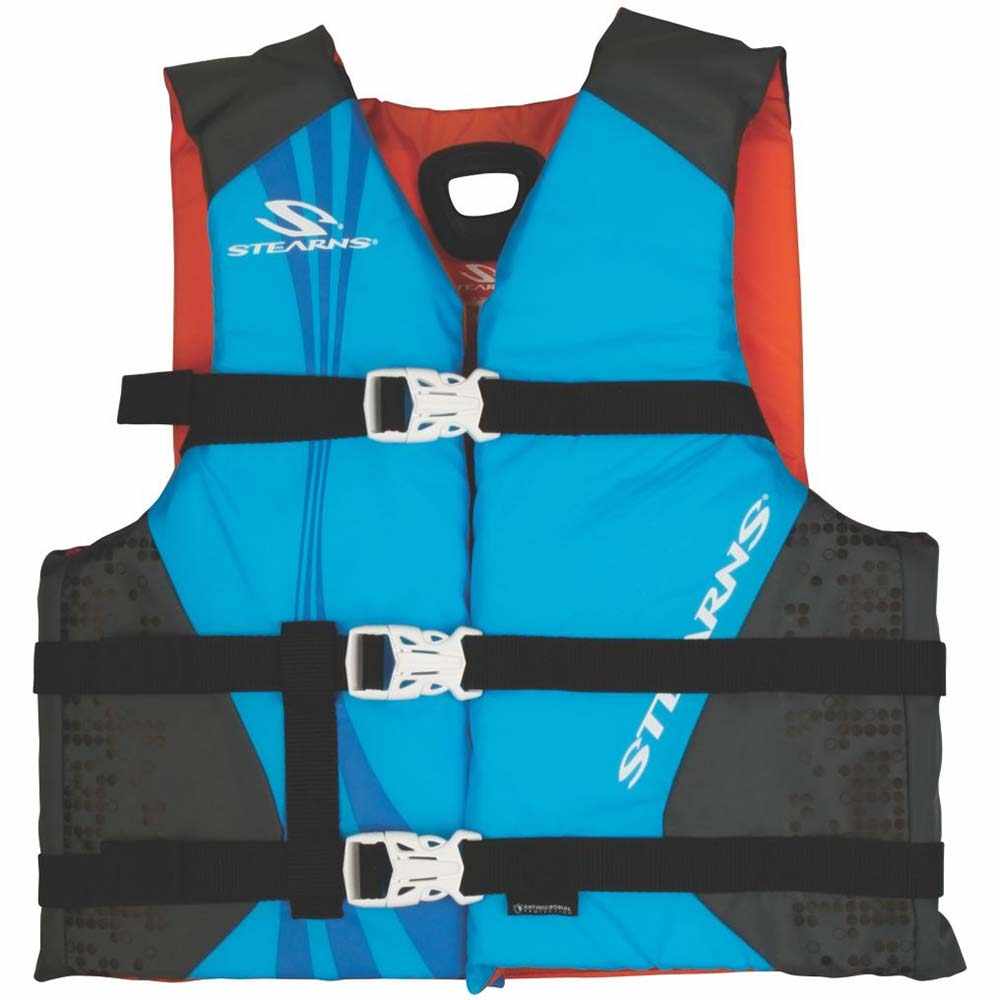 Stearns antimicrobial nylon blue vest life jacket for children 30-50lbs with adjustable chest belts and secure buckles