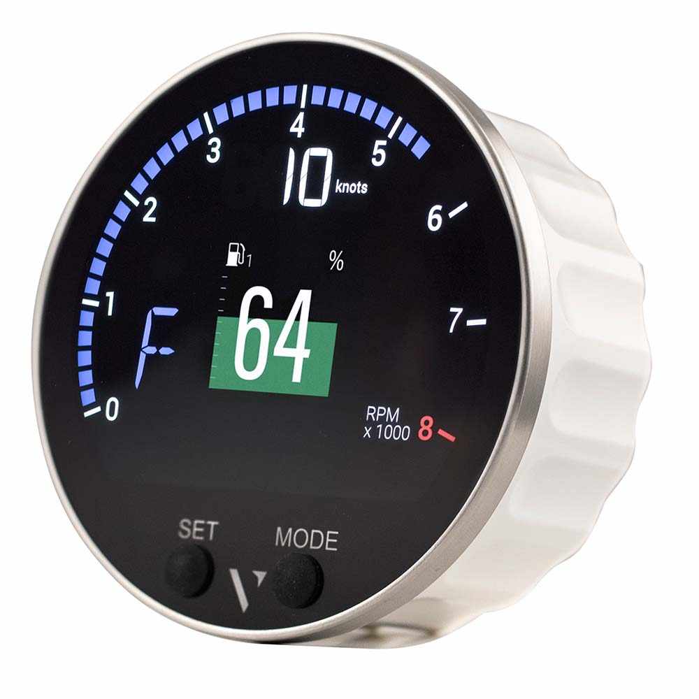 Veratron 85mm multifunction gauge with black glass display showing speed, fuel, and RPM, compact marine dashboard instrument