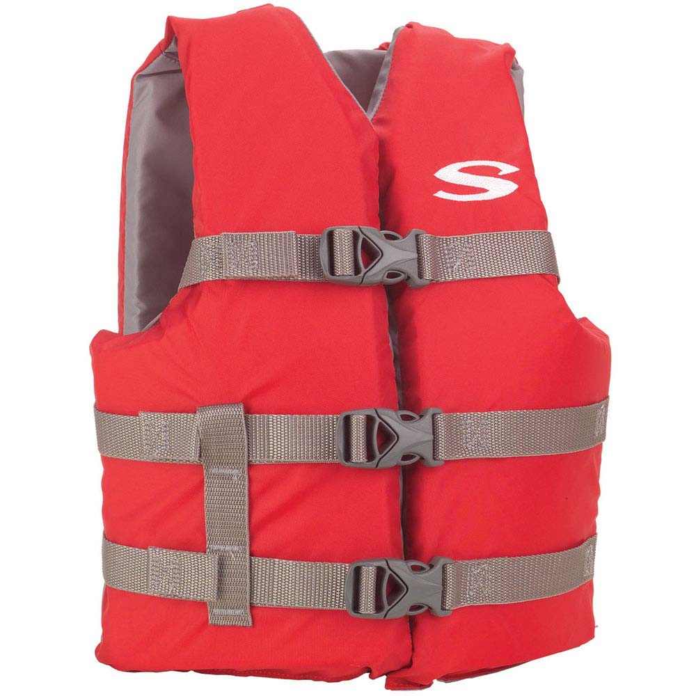 Stearns Youth Classic Vest life jacket in red and grey for 50-90 lbs with adjustable buckles and nylon material