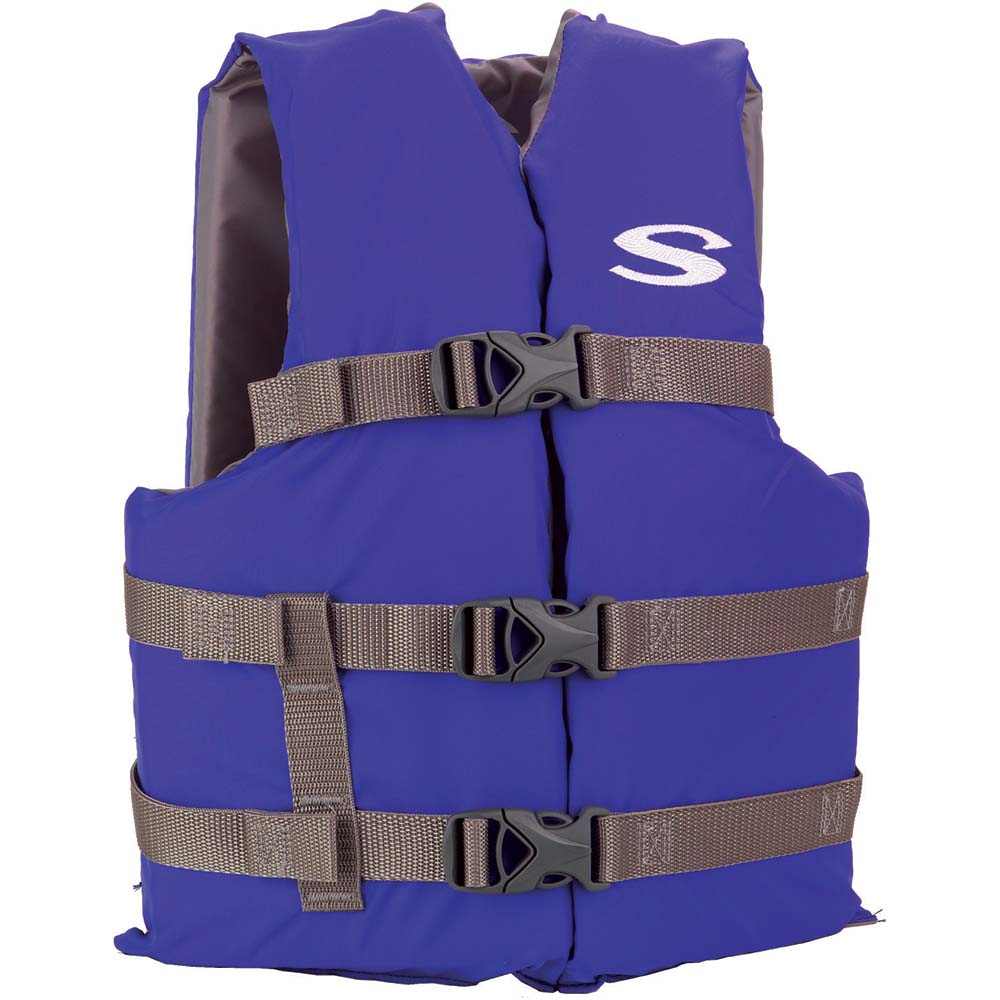 Stearns Youth Classic Vest life jacket in blue and grey with adjustable belts and three buckles for kids 50-90 lbs