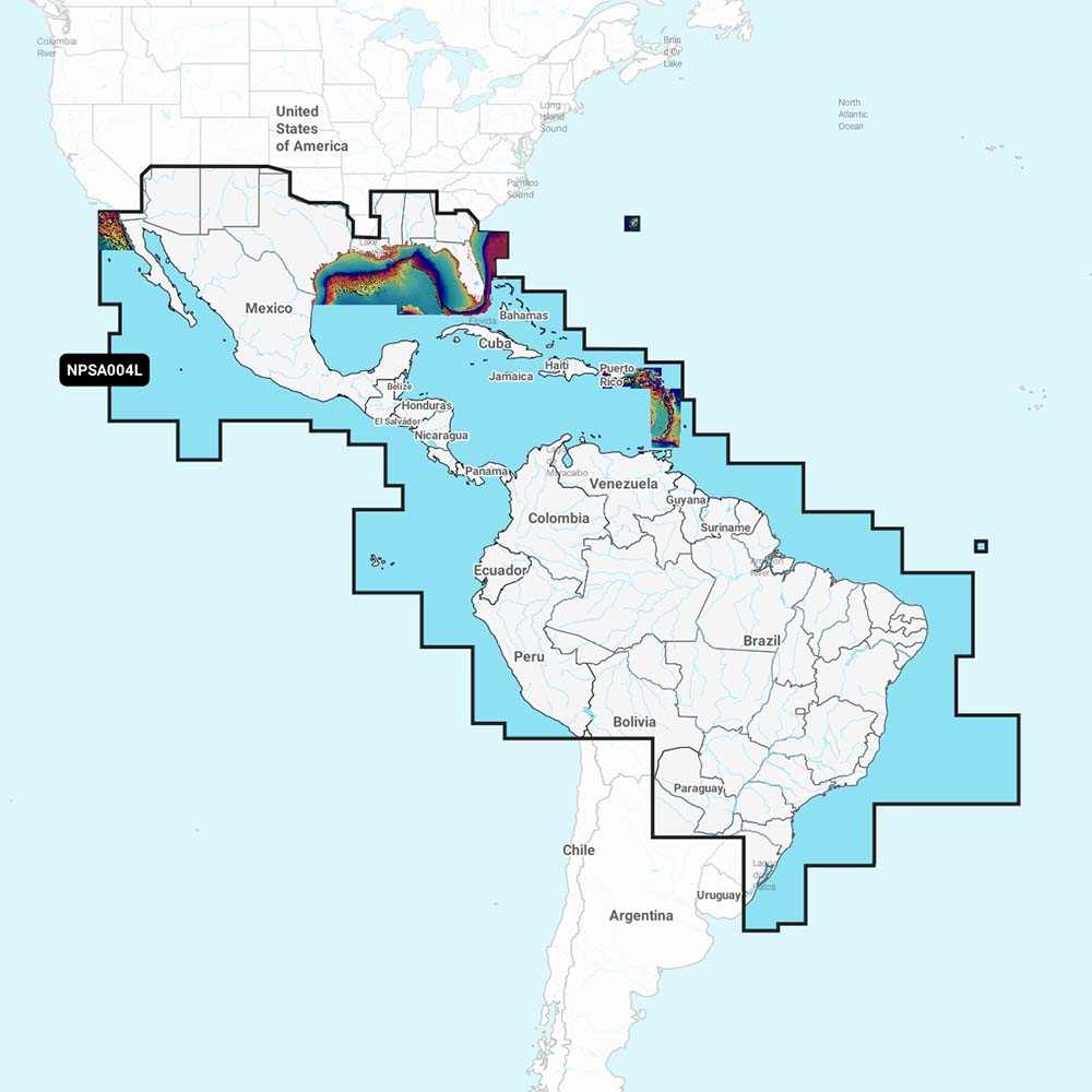 Navionics Platinum+ nautical chart coverage map of Mexico, Caribbean, and Brazil with detailed bathymetry and satellite overlays