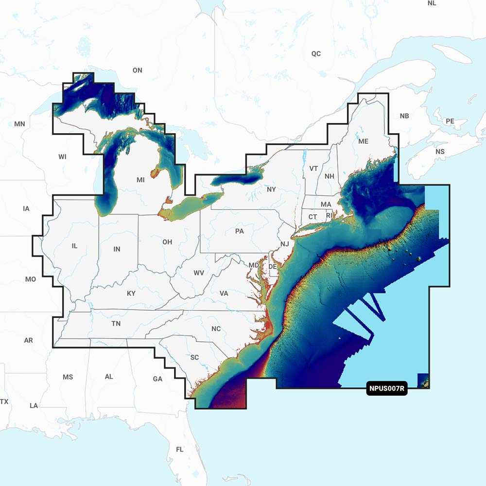 Navionics Platinum+ NPUS007R U.S. East nautical chart with HD bathymetry and satellite imagery coverage map