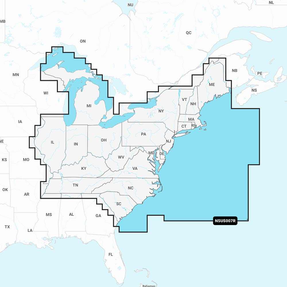 Garmin Navionics+ NSUS007R U.S. East marine chart map coverage for coastal waters, lakes, and rivers
