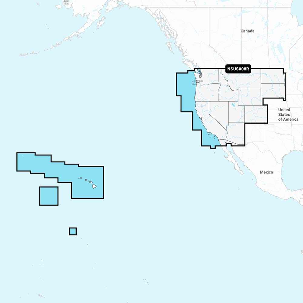 Map coverage area highlighting Navionics®+ cartography for west coast USA and Hawaii on marine navigation chart