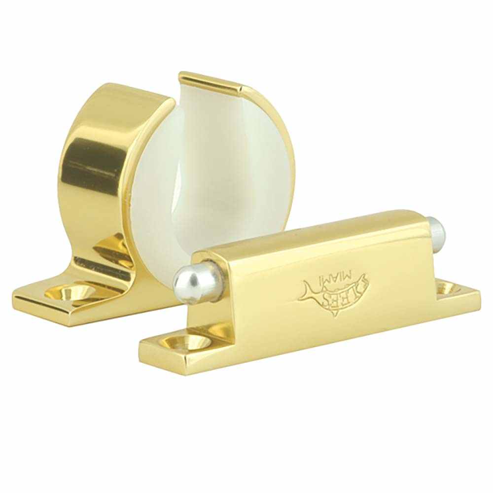 Bright gold anodized aluminum rod/reel hanger set for secure fishing rod storage and mounting.
