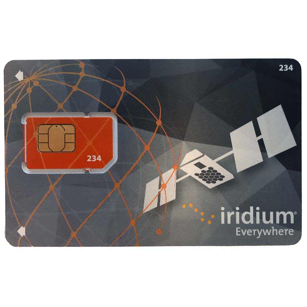 Iridium Post Paid SIM card with activation required, orange chip on a branded Iridium Everywhere card