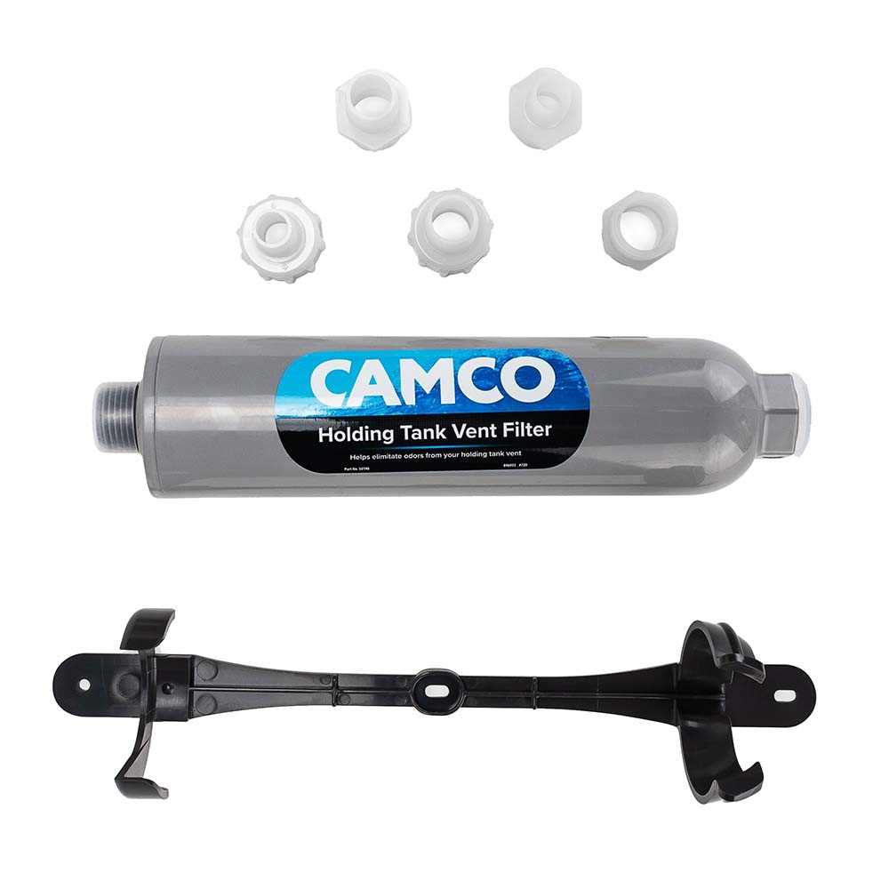 Camco Marine Holding Tank Vent Filter Kit with activated carbon filter, mounting bracket, and hose fittings for odor control on boats