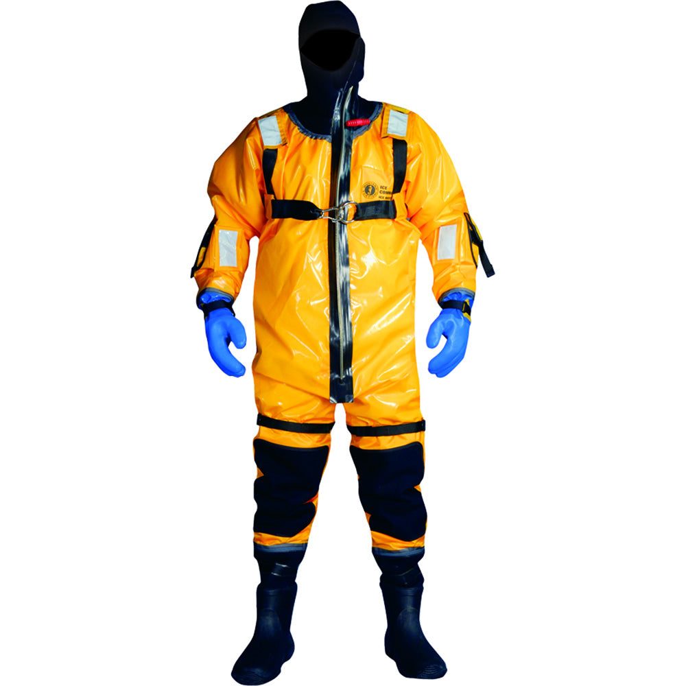 Mustang Ice Commander Rescue Suit gold waterproof insulated ice rescue suit with hood gloves boots and safety harness