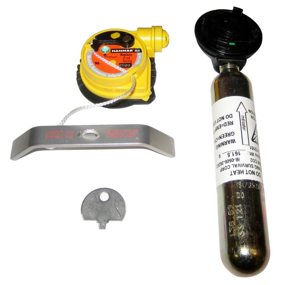 Mustang Re-Arm Kit including hydrostatic inflator, 33g CO2 cylinder, metal key, and rearming instructions for inflatable PFDs