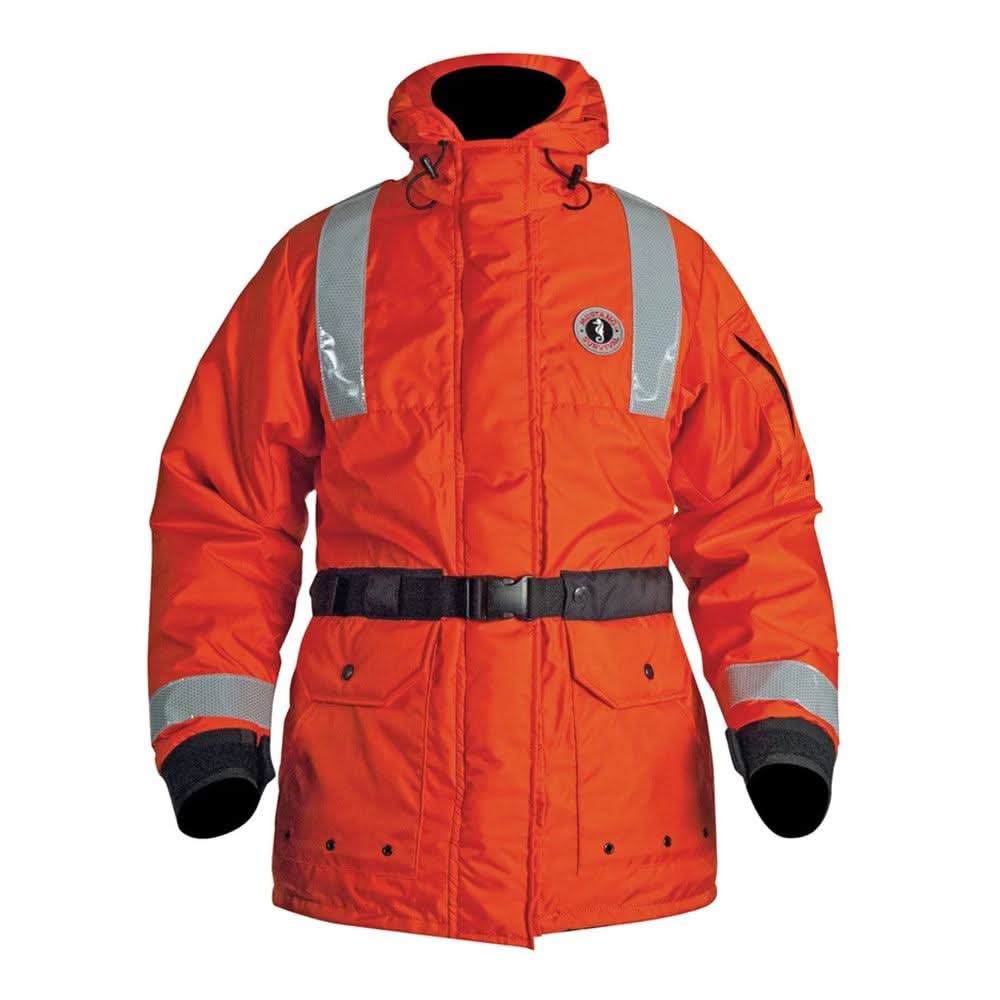 Mustang ThermoSystem Plus orange flotation coat with reflective tape and insulated hood, medium size