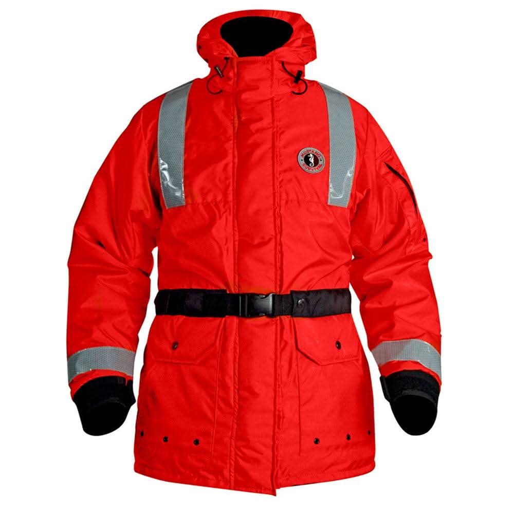 Mustang ThermoSystem Plus red flotation coat with insulated hood and reflective tape, small size