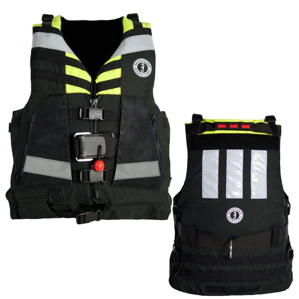 Mustang Swift Water Rescue Vest in fluorescent yellow green and black with high visibility SOLAS tape and adjustable fit