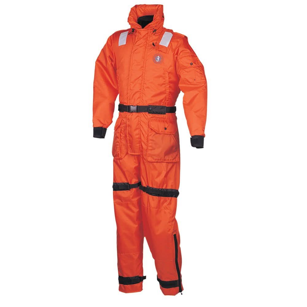 Mustang Deluxe Anti-Exposure Coverall in orange, large size, insulated work suit with flotation and hypothermia protection