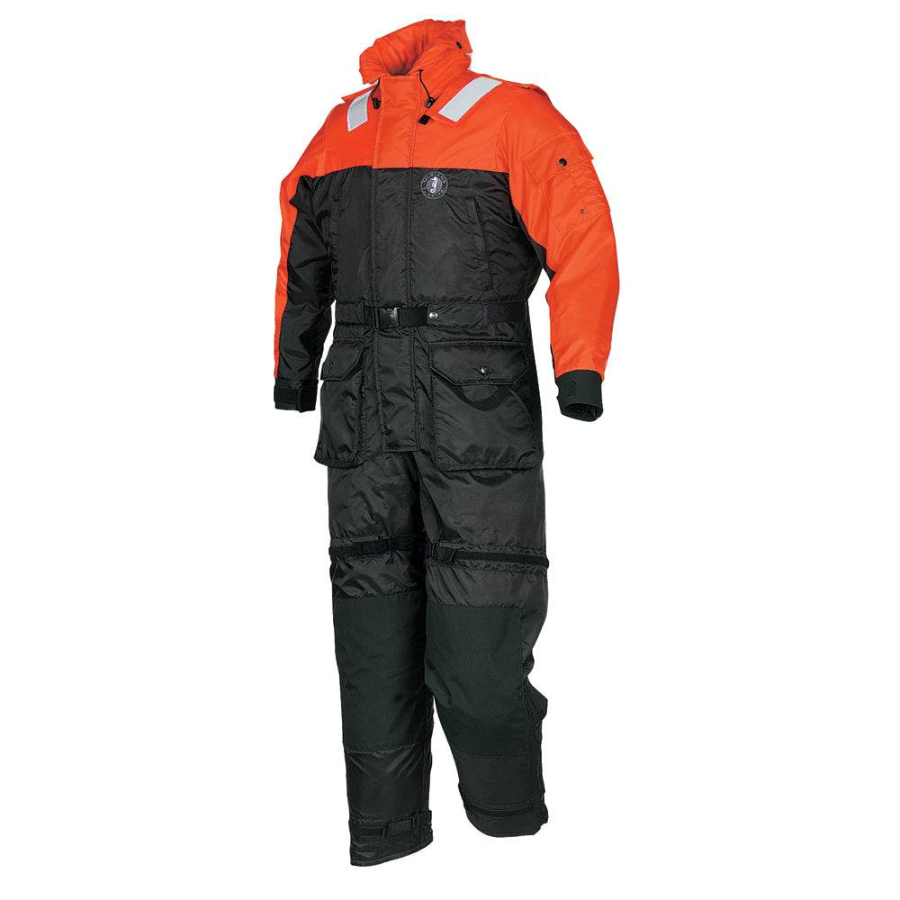 Mustang Deluxe Anti-Exposure Coverall and Work Suit in orange and black, large size, insulated for hypothermia protection and flotation.