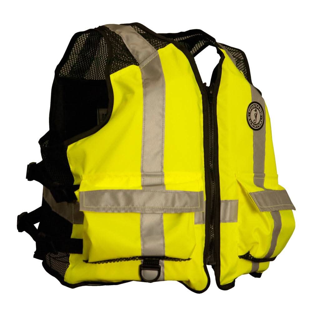 Mustang fluorescent yellow green high visibility industrial mesh vest with reflective strips and front pockets L/XL