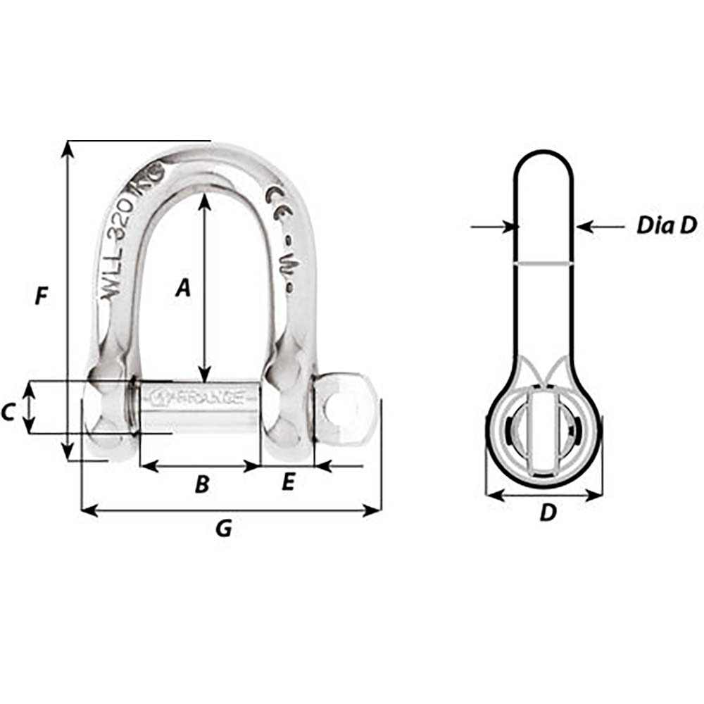 Wichard Self-Locking D Shackle 10mm stainless steel industrial lifting with dimensions diagram