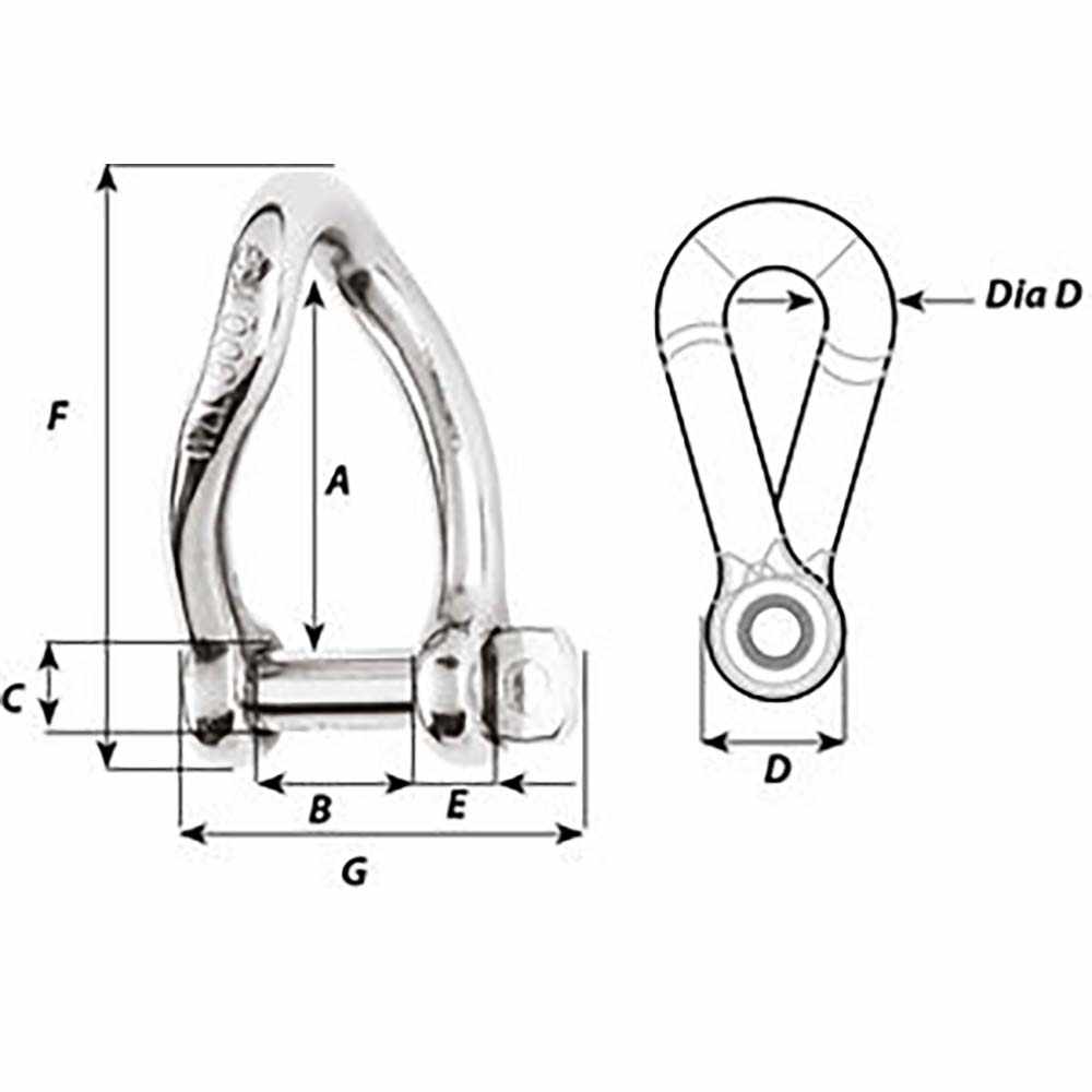 Wichard self-locking twisted shackle 6mm stainless steel grade 316L with detailed dimensions diagram