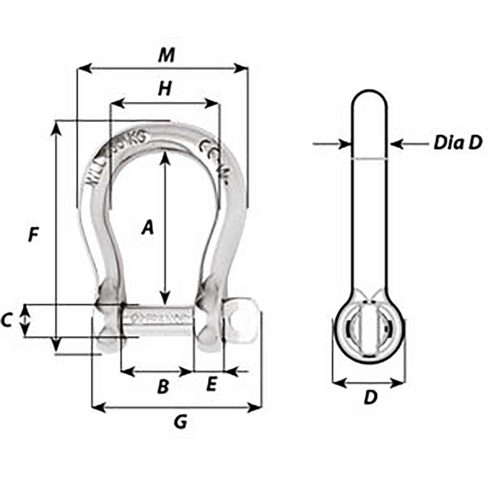 Wichard 10mm self-locking bow shackle with grade 316 stainless steel, industrial-grade lifting load capacity, and detailed dimensional drawing