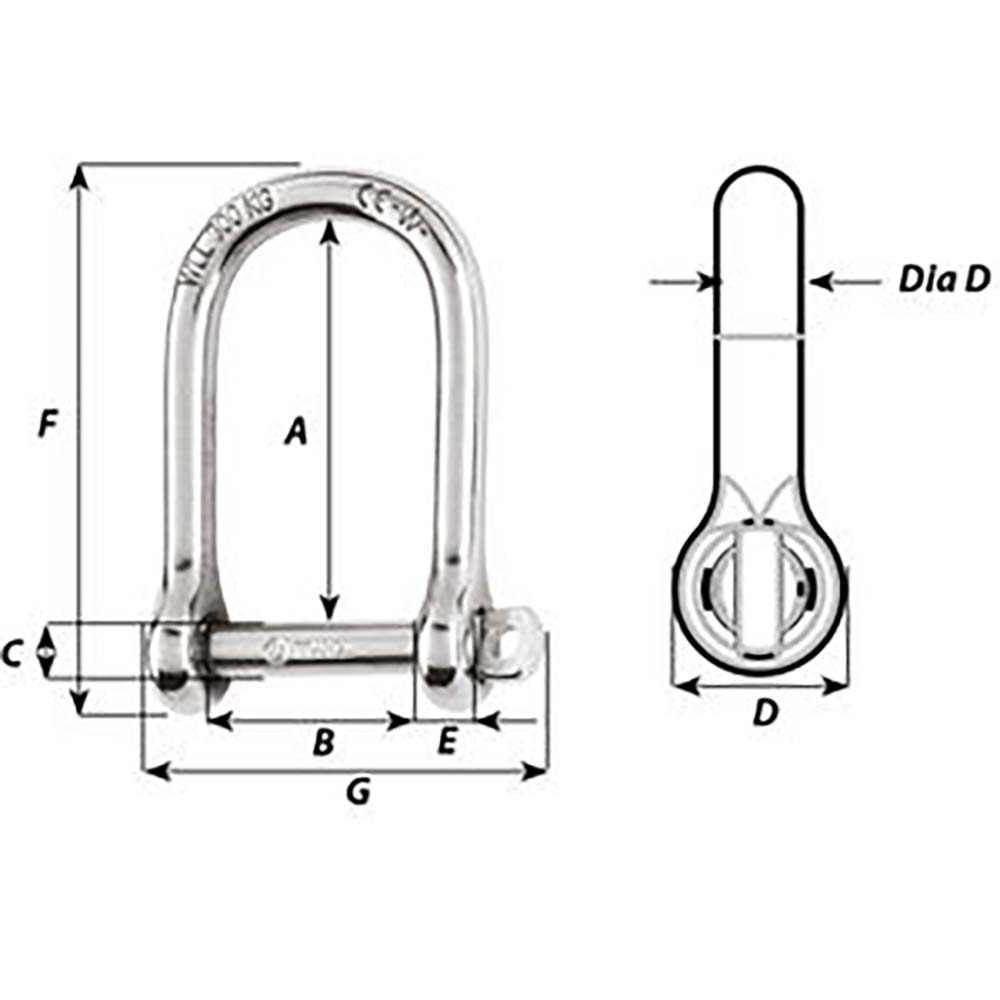 Wichard self-locking large shackle 5mm diameter forged stainless steel with dimensional diagram for industrial lifting applications
