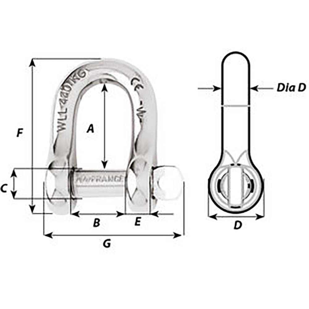 Diagram of Wichard Captive Pin D Shackle with detailed dimensions and measurements